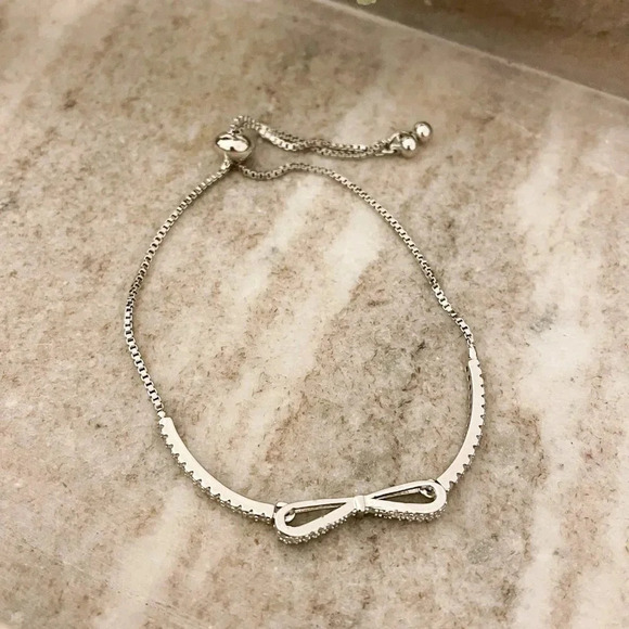 925 Sterling Silver Diamond Bow Bracelet Toggle Dainty Box Chain Bracelet - Picture 4 of 5